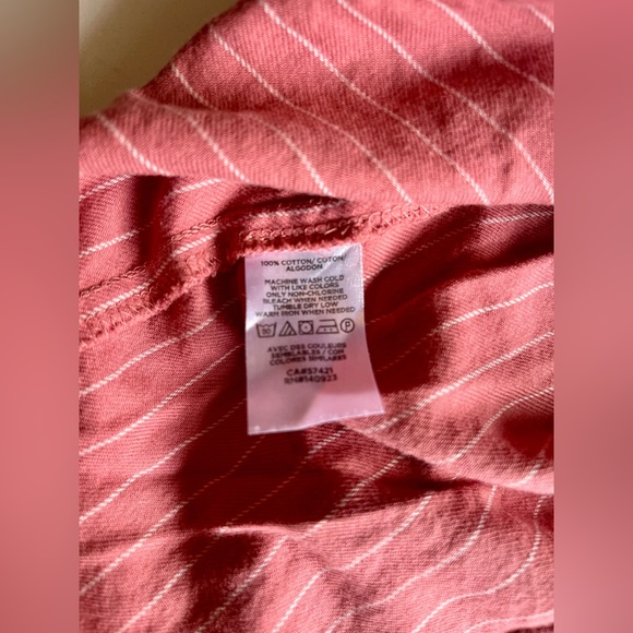 Women's LOFT Coral Pink White Striped Button Up Flowy Long Slv Blouse - Size XL - Picture 9 of 9